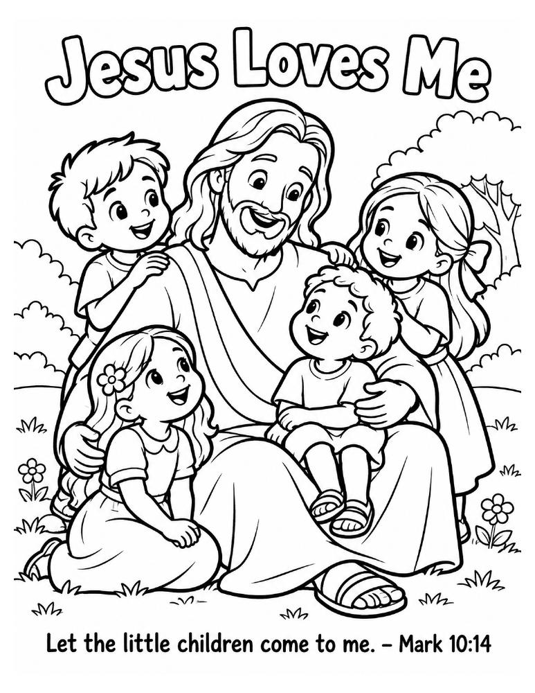 Jesus Loves Me coloring page showing Jesus with children and a short caption referring to Mark 10:14