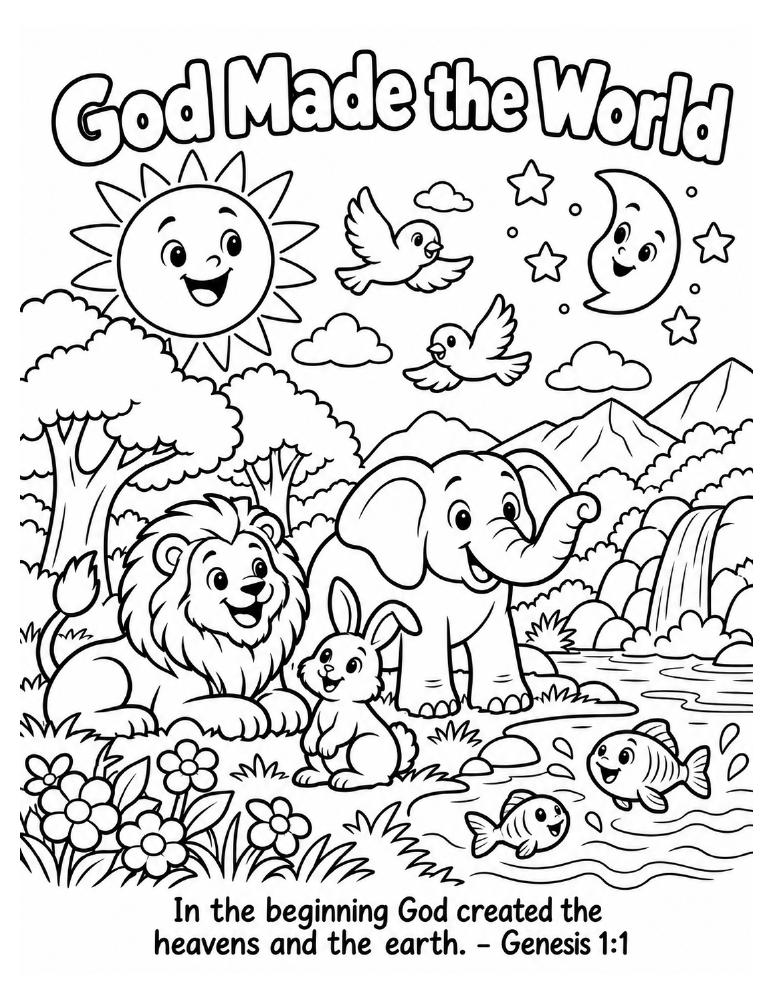 God Made the World coloring page with animals, birds, sun, moon, and a Genesis 1:1 caption