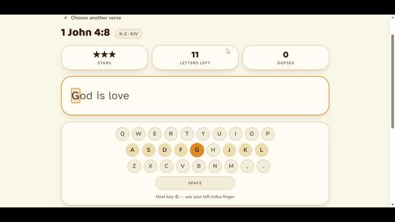 Typing Scripture: a child types the verse 'God is love' letter by letter with an on-screen keyboard