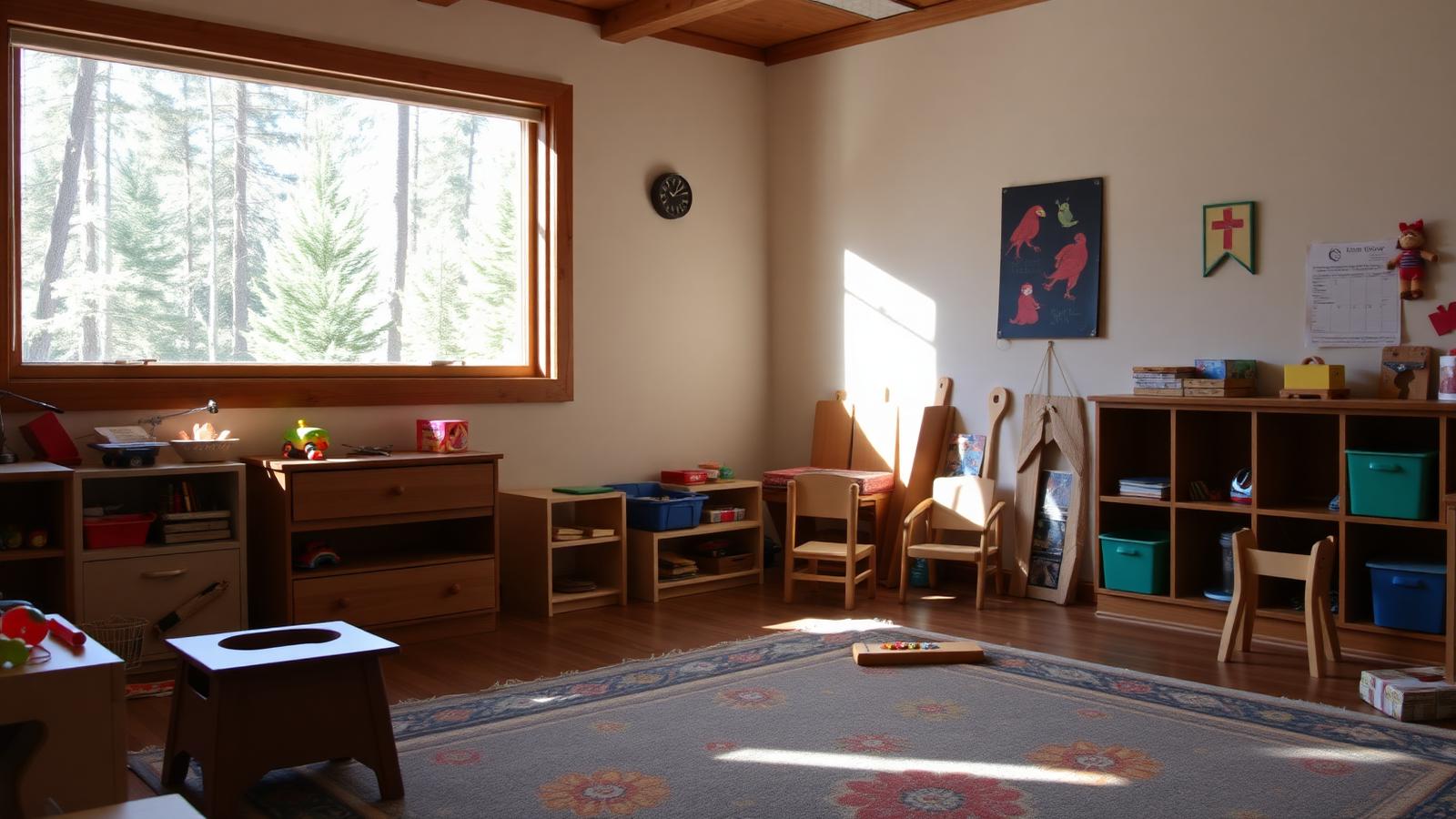 Sunlit Christian preschool classroom in Flagstaff, Arizona with low tables, a reading rug, and toy shelves.