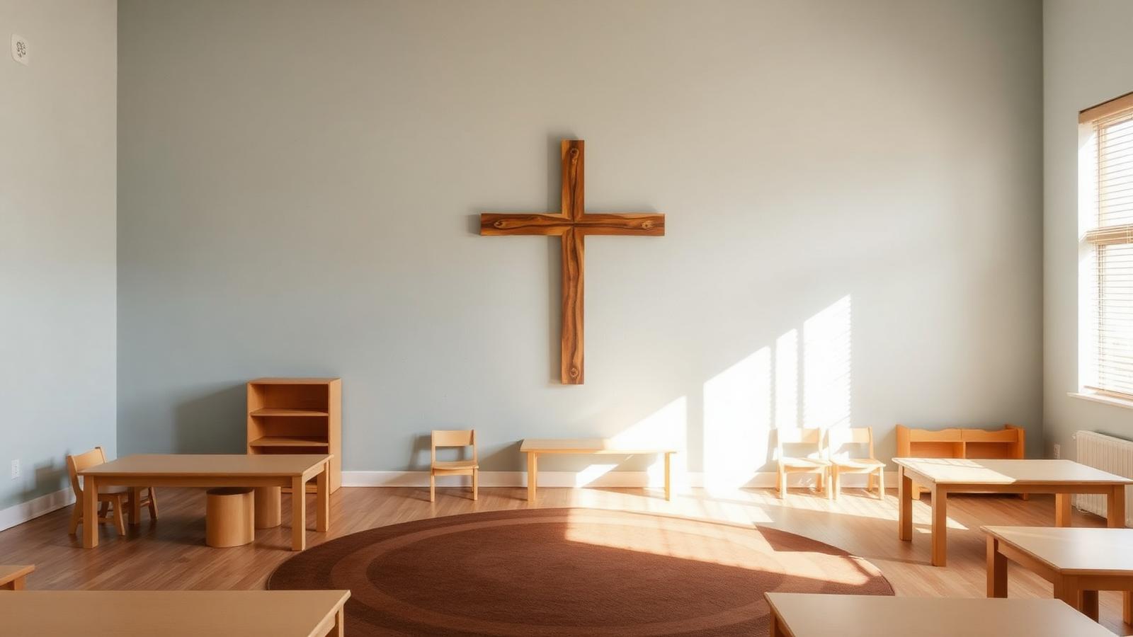 Sunlit Christian preschool classroom in Glendale, Arizona with low tables, a reading rug, and toy shelves.
