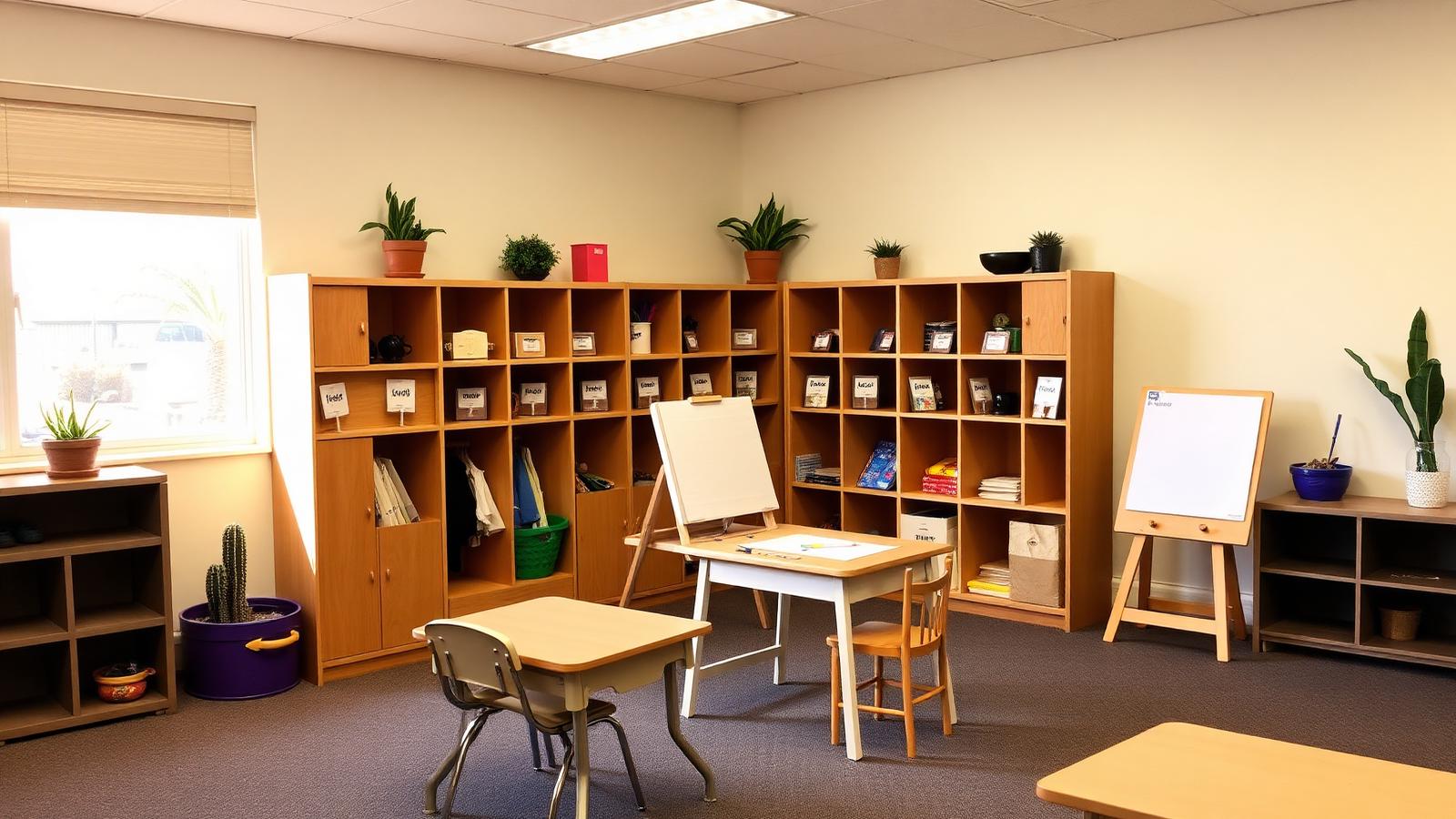 Sunlit Christian preschool classroom in Phoenix, Arizona with low tables, a reading rug, and toy shelves.