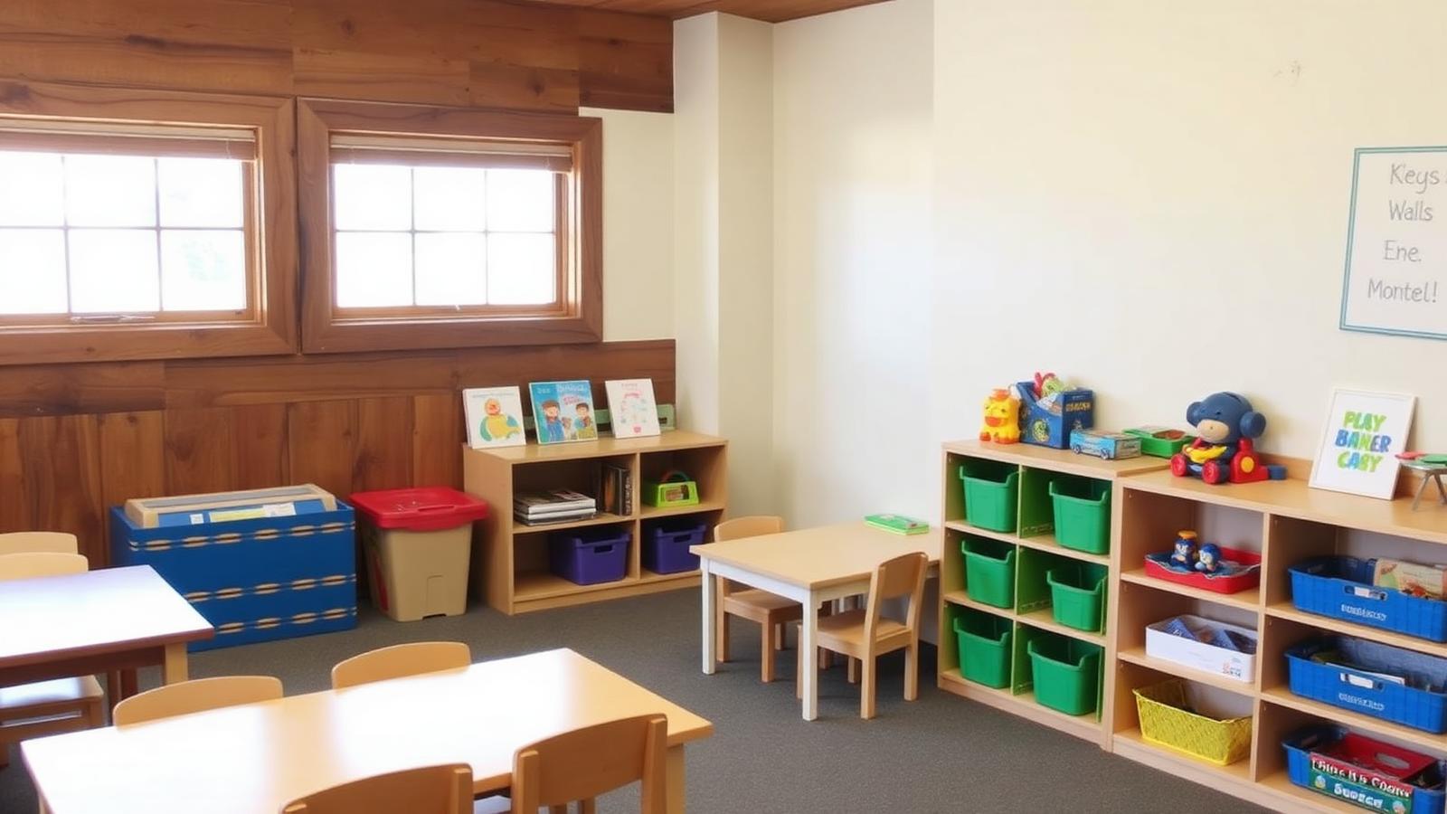 Sunlit Christian preschool classroom in Prescott, Arizona with low tables, a reading rug, and toy shelves.
